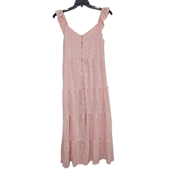 Boho Pink Ruffle Sleeveless Button Up Tiered Maxi Dress Size Small - Picture 1 of 8